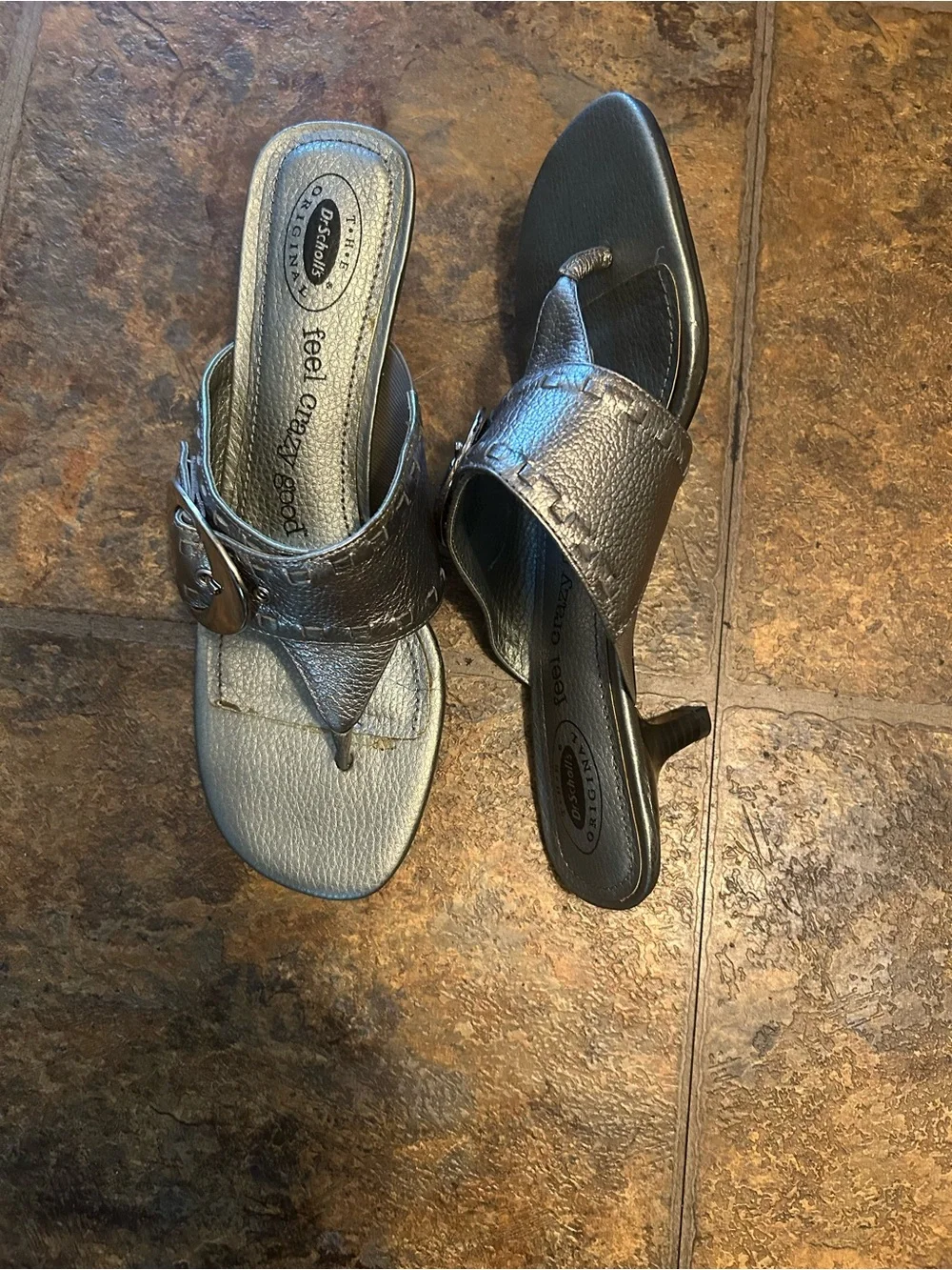 Dr. Scholl's Silver Metallic Thong Wedge Mules with Buckle